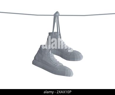 Polygonal model Sneakers hanging from a rope on the white background. Vector illustration. 3D. Stock Vector