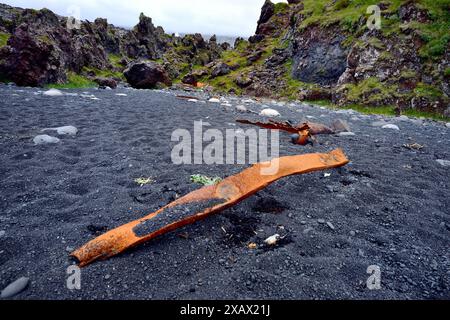 Parts of a ship wreck on the black beach Stock Photo