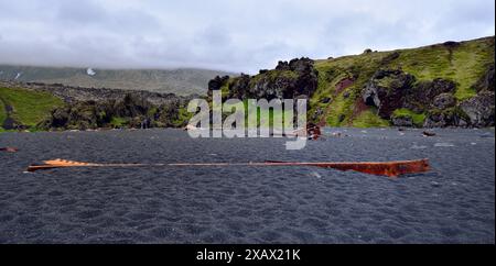 Parts of a ship wreck on the black beach Stock Photo