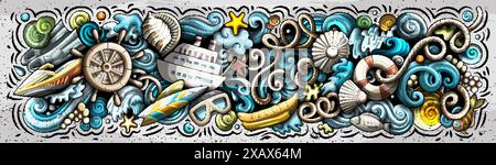 Cartoon cute hand drawn colorful vector doodle Marine horizontal banner design Stock Vector