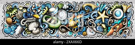 Cartoon cute hand drawn colorful vector doodle Marine horizontal banner design Stock Vector