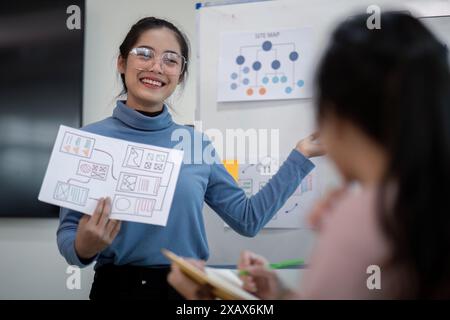 UX Developer and UI Designer Brainstorming Session. Creative Collaboration and Innovative Design Planning in Modern Office Environment Stock Photo