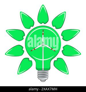 Color illustration with light bulb, wind turbine and leaves, green energy. Isolated vector object on white background. Stock Vector
