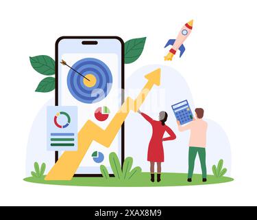 Business operations in mobile app, online financial analytics for revenue growth. Tiny people launch startup rocket, up arrow, data charts and target on smartphone screen cartoon vector illustration Stock Vector