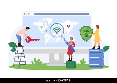 Cyber security of VPN services. Tiny people with magnifying glass study location of proxy server on virtual world map, protect access and personal data with key and shield cartoon vector illustration Stock Vector