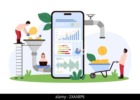 Data analysis, funnel for light bulb flow conversion in gold coins using financial analytics in mobile app. Tiny people monetize ideas, make money with analytic software cartoon vector illustration Stock Vector