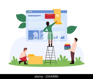 Webpage bookmark in browser window for online Internet pages organization, management. Tiny people save digital favorite content of web page with star sign for reading cartoon vector illustration Stock Vector