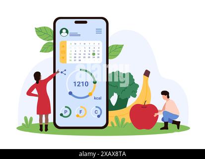 Calorie counting, food tracking and planning in mobile app. Tiny people work on weight loss with online nutrition planner, calendar and counter on smartphone screen cartoon vector illustration Stock Vector