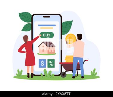 Real estate market research, home apartments and property for sale. Tiny people choose house to buy, building, dollar sign and mortgage percentage on smartphone screen cartoon vector illustration Stock Vector