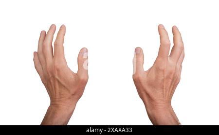 Two hands grasping, isolated on white background. Gesture indicating grabbing or catching something, ideal for interaction and communication concepts. Stock Photo