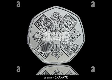 Reverse side of a 2022 50p featuring the Coronation Crown to commemorate the life of Queen Elizabeth II & the first coin to feature King Charles III Stock Photo