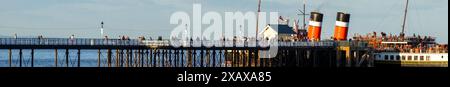 Penarth, Wales, June 08 2024: A panoramic shot of PS Waverley at Penarth Pier, the last seagoing passenger-carrying paddle steamer in the world Stock Photo