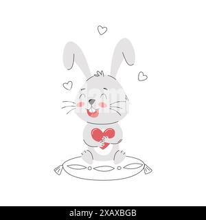 A cartoon smiling rabbit is sitting on a pillow and holding a heart in its paws. Cute bunny character. Simple vector illustration isolated on white Stock Vector