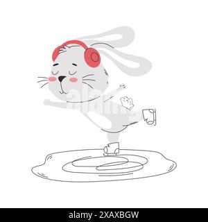 A cartoon rabbit wearing headphones and skates on skating rink. Cute bunny character. Winter activity. Vector illustration Stock Vector