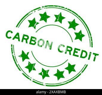 Grunge green carbon credit word with star icon round rubber seal stamp on white background Stock Vector