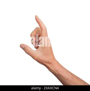Hand showing a large measurement using thumb and index finger, isolated on white background. Gesture indicating size or measure, ideal for interaction Stock Photo