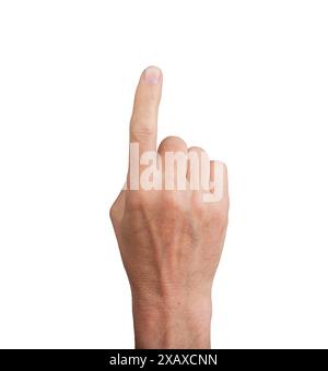 Hand pointing up with index finger, isolated on white. Gesture indicating touch or selection, ideal for navigation and interactive concepts. Close up Stock Photo