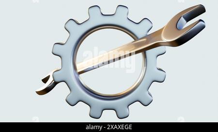 3d dimensional of isolated steel gear and wrench tool Stock Photo