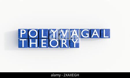 3d rendering of cubes with words "POLYVAGAL THEORY" and human brain. Polyvagal theory is a model that explains how the autonomic nervous system regula Stock Photo
