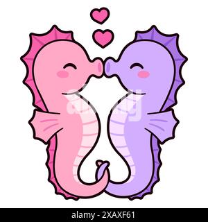 Cute cartoon seahorse couple holding tails and kissing with hearts above. St. Valentines Day vector greeting card illustration. Stock Vector