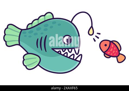 Anglerfish luring small fish with its angler light, cartoon drawing. Deep sea creature vector illustration. Stock Vector