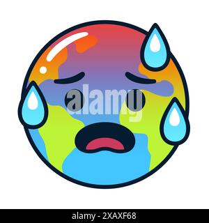 Cartoon Earth with alarmed face, red hot and sweating. Global warming and climate crisis vector clip art illustration. Stock Vector