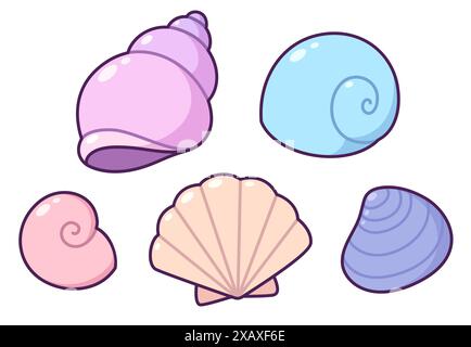 Cute cartoon shell collection drawing. Seashells, conch, snail shells. Isolated vector clip art illustration. Stock Vector