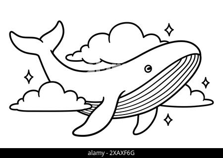 Whale flying in the sky among clouds. Surreal fantasy drawing, black and white line art. Hand drawn vector illustration. Stock Vector