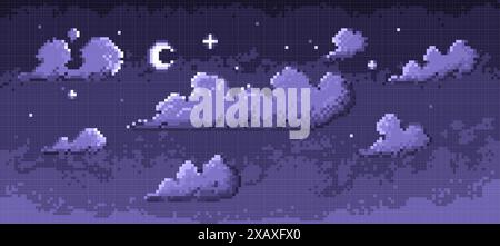 Pixel night sky. Retro low poly background with stars and clouds, nostalgic 8 bit space scene. Vector monochrome illustration. Stock Vector