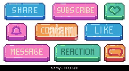 Social pixel media pixel banner. Retro 8 bit game UI interface, app website blog elements, like share subscribe comment buttons. Vector set. Stock Vector
