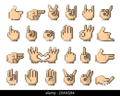 Pixel hands. Retro 8 bit game finger gestures, arcade computer web 90s technology icons, 2D sprite rock n roll rockabilly rock music. Vector set. Stock Vector
