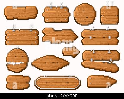 Pixel art wooden signs. Old road guidepost pointer, 8 bit wood style ...