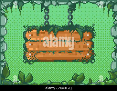 Pixel hanging signboard. Retro arcade game blank billboard, vintage 8 bit wooden metal iron frame plate for text. Vector isolated set. Stock Vector