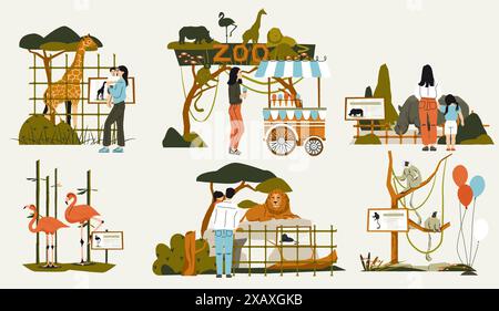 People in zoo. Cartoon zoo characters, visitors looking at animals in cages, wildlife park with different animals and birds. Vector illustration Stock Vector