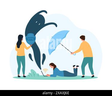 Virtual Private Network, VPN service. Tiny people protect online connection and data from cyber attacks with umbrella and secure software, using system of proxy servers cartoon vector illustration Stock Vector