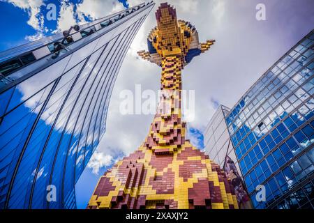 giant giraffe built with Lego pieces, Potsdamer Platz buildings, Berlin, germany, europe Stock Photo