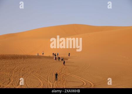 Tourists climbing a sand dune of the Grand Erg Occidental at Taghit in Western Algeria Stock Photo