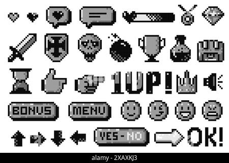 Black pixel game icons. 8 bit arcade game assets, simple cursor hand icons, health bar, UI buttons, emoticon faces. Vector isolated collection. Stock Vector