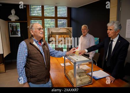 Castels et Bézenac, France. June 9, 2024. European elections 2024 in rural France. Henri Bouchard mayor of the rural commune of Castels et Bézenac in the Dordogne department in southwestern France votes and supervises the elections in his commune. Henri Bouchard is a mayor and retired farmer. He is serving his 5th term as mayor and his 8th term as a municipal elected official. European Union, rurality, elections, politics, European Parliament, MEPs, representation of citizens in the European Union. Castels et Bézenac, Dordogne, Périgord, Nouvelle Aquitaine, France, Europe. Credit: Photo by Hug Stock Photo