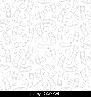 Money seamless pattern. Finance coins and banknotes repeat background. Vector outline doodle illustration. Stock Vector