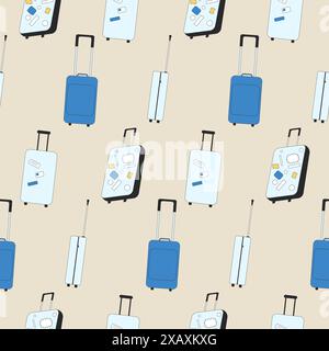 Travel seamless pattern. Baggage repeat background. Blue suitcases. Vector outline flat illustration. Stock Vector