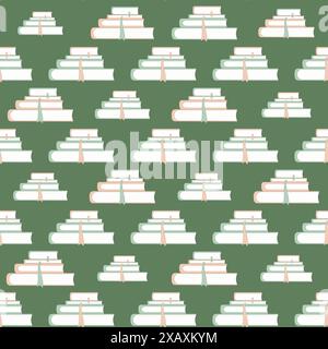 Seamless pattern with stacks of books in white and beige, accented with bookmarks against a dark green background, invoking a studious and literary at Stock Vector