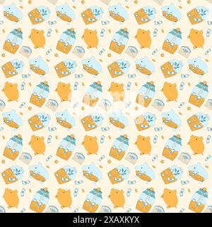Seamless pattern of piggy banks, envelopes and paper currency, exemplifying the theme of savings and financial growth. Money repeatable background. Ve Stock Vector