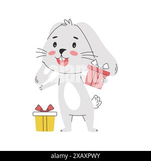 A cartoon smiling happy rabbit holding gift boxes with bows. Cute bunny character. Simple vector illustration isolated on white Stock Vector