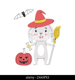 A cartoon smiling rabbit in a hat, with a broom and a Halloween pumpkin. Cute bunny character. Simple vector illustration isolated on white Stock Vector