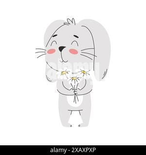 A cartoon smiling rabbit is holding a bouquet of daisies. Cute bunny character. Simple vector illustration isolated on white Stock Vector
