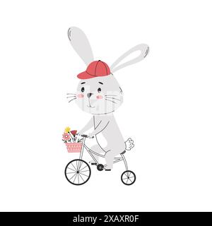 A cartoon smiling rabbit riding a bicycle with a basket of flowers. Cute bunny character. Simple Vector illustration on a white background Stock Vector