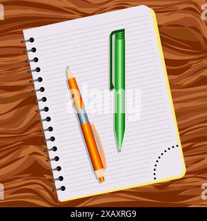 Notebook, orange pen and green pen on a wooden table Stock Vector
