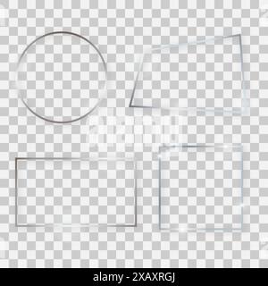 Silver shiny frames with glowing effects. Set of four silver rectangular, round, square and quadrangular frames with shadows on transparent background Stock Vector