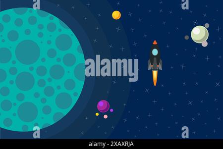 The rocket in space near the planet. Space trip. Vector illustration of rocket flight. Stock Vector